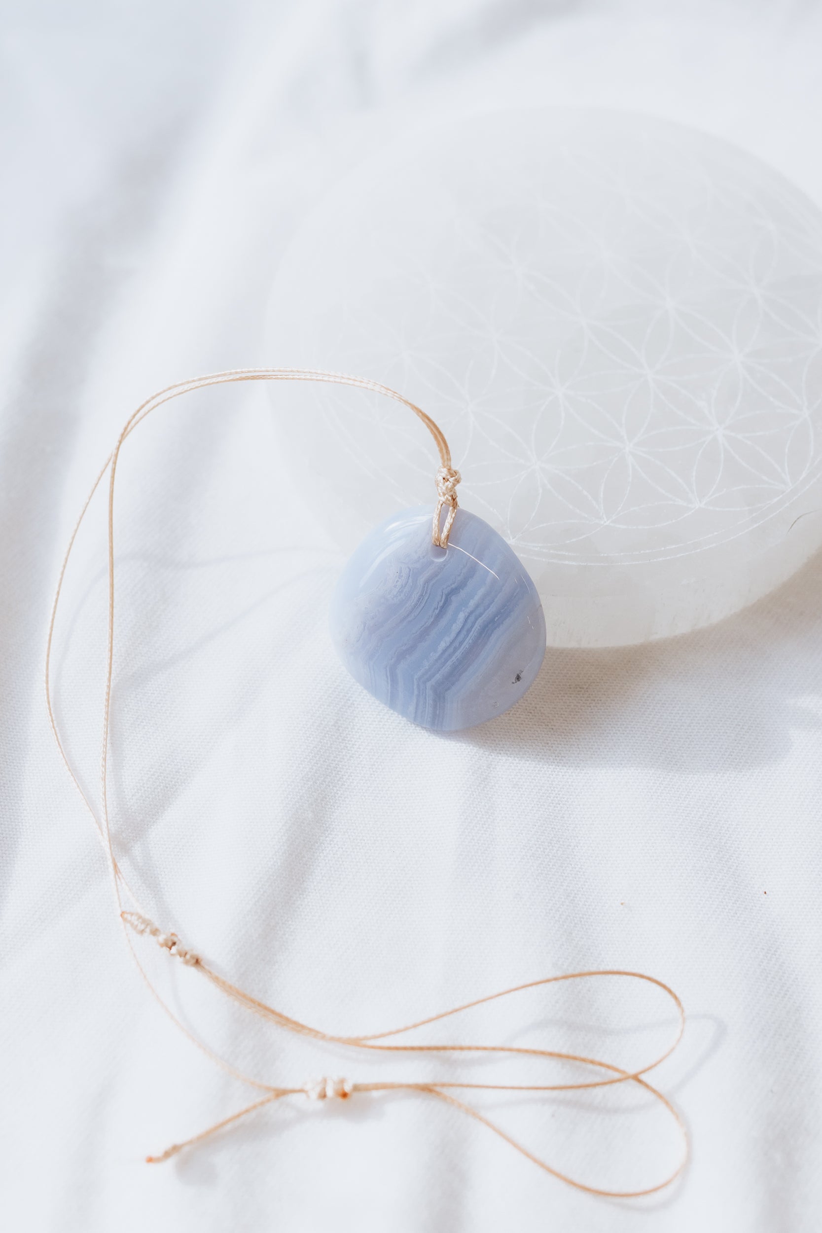 Blue Lace Agate Crystal Pendant on adjustable cord | Peace • Communication • Harmony