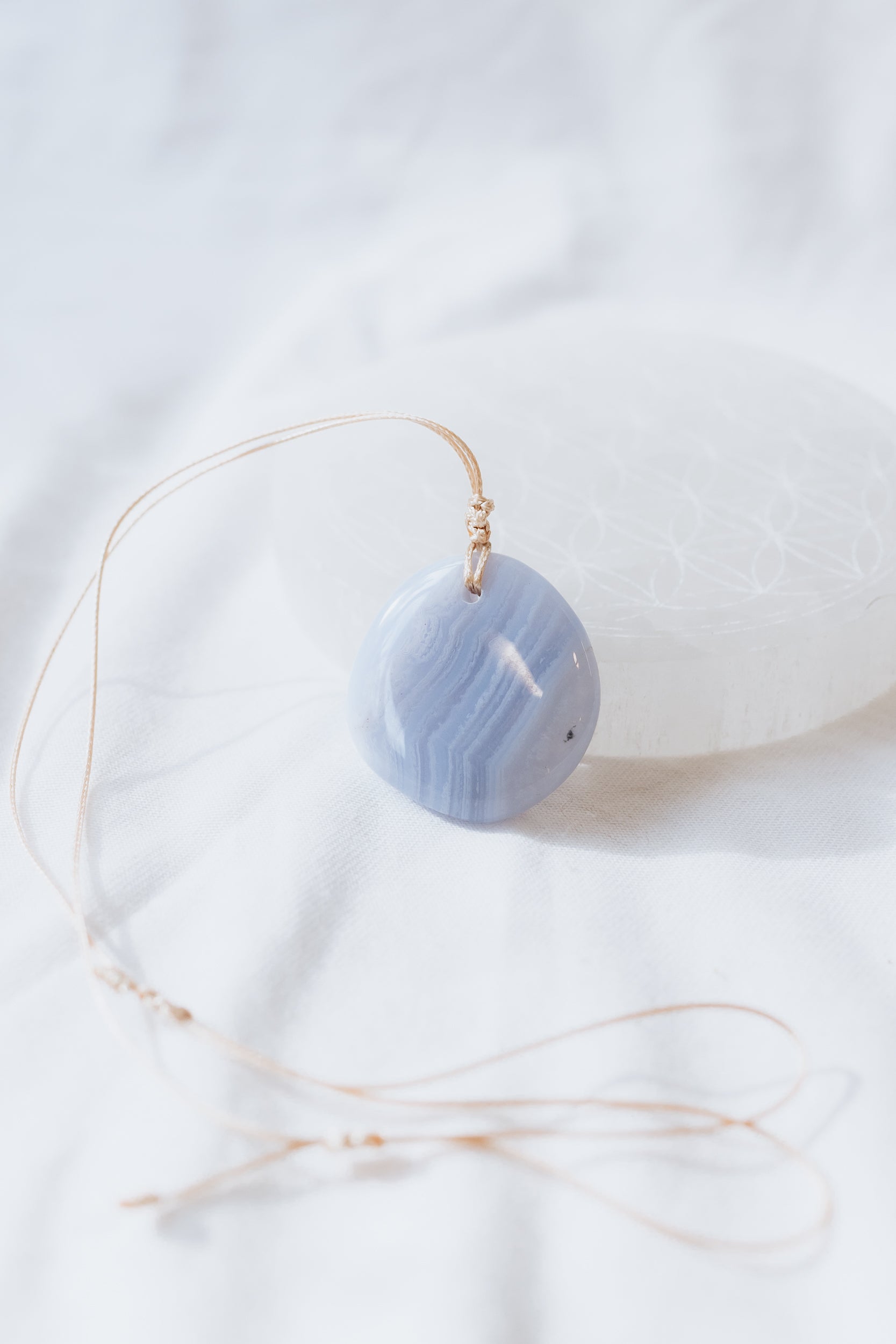 Blue Lace Agate Crystal Pendant on adjustable cord | Peace • Communication • Harmony